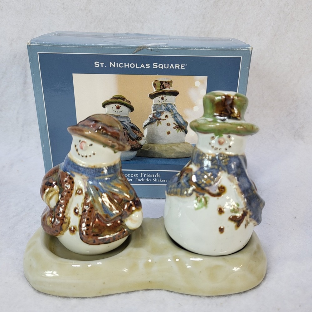 St Nicholas Square Snowman Salt‎ Pepper Set Forest Friends Tray Box